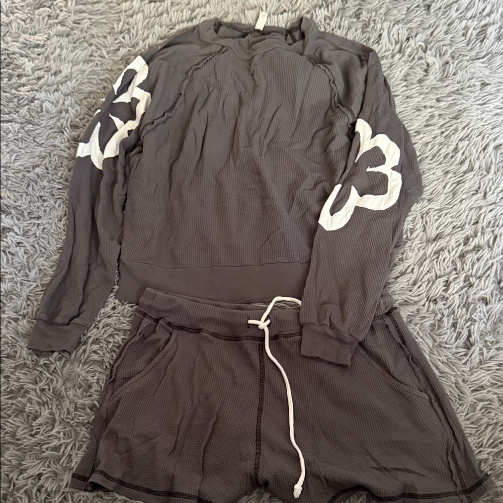 Free People Supreme Waffle Knit Lounge Set - Dark Gray with Black Trim